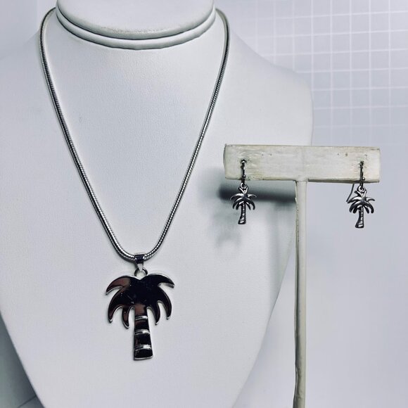 Best Silver Tone Snake Chain Necklace With Palm Tree Pendant & Earrings (5818) - Picture 1 of 10
